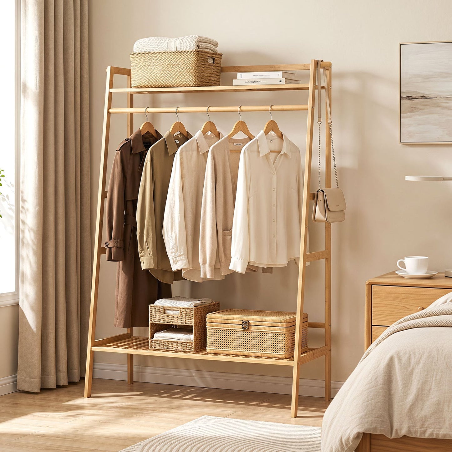 Bamboo Garment Rack, Freestanding Open Wardrobe with Hanging Rod, Natural