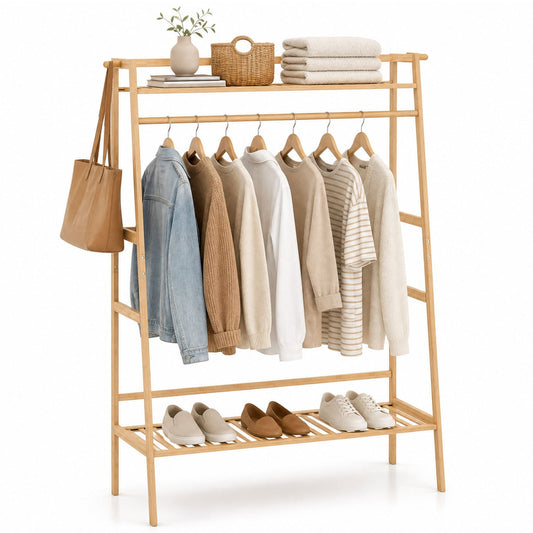 Bamboo Garment Rack, Freestanding Open Wardrobe with Hanging Rod, Natural Coat Racks & Hall Trees Natural at Gallery Canada