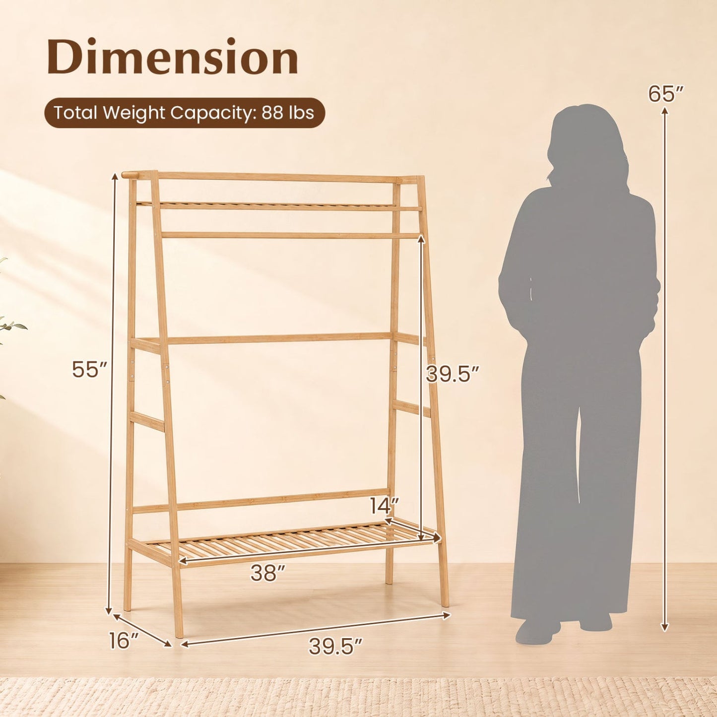 Bamboo Garment Rack, Freestanding Open Wardrobe with Hanging Rod, Natural
