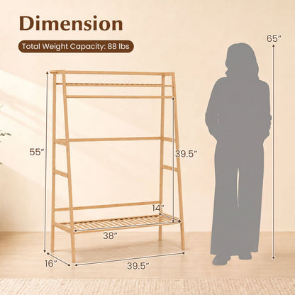 Bamboo Garment Rack, Freestanding Open Wardrobe with Hanging Rod, Natural