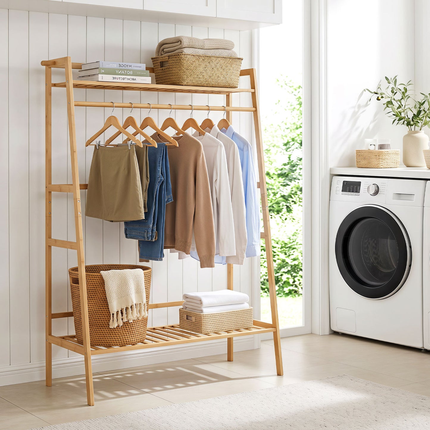 Bamboo Garment Rack, Freestanding Open Wardrobe with Hanging Rod, Natural