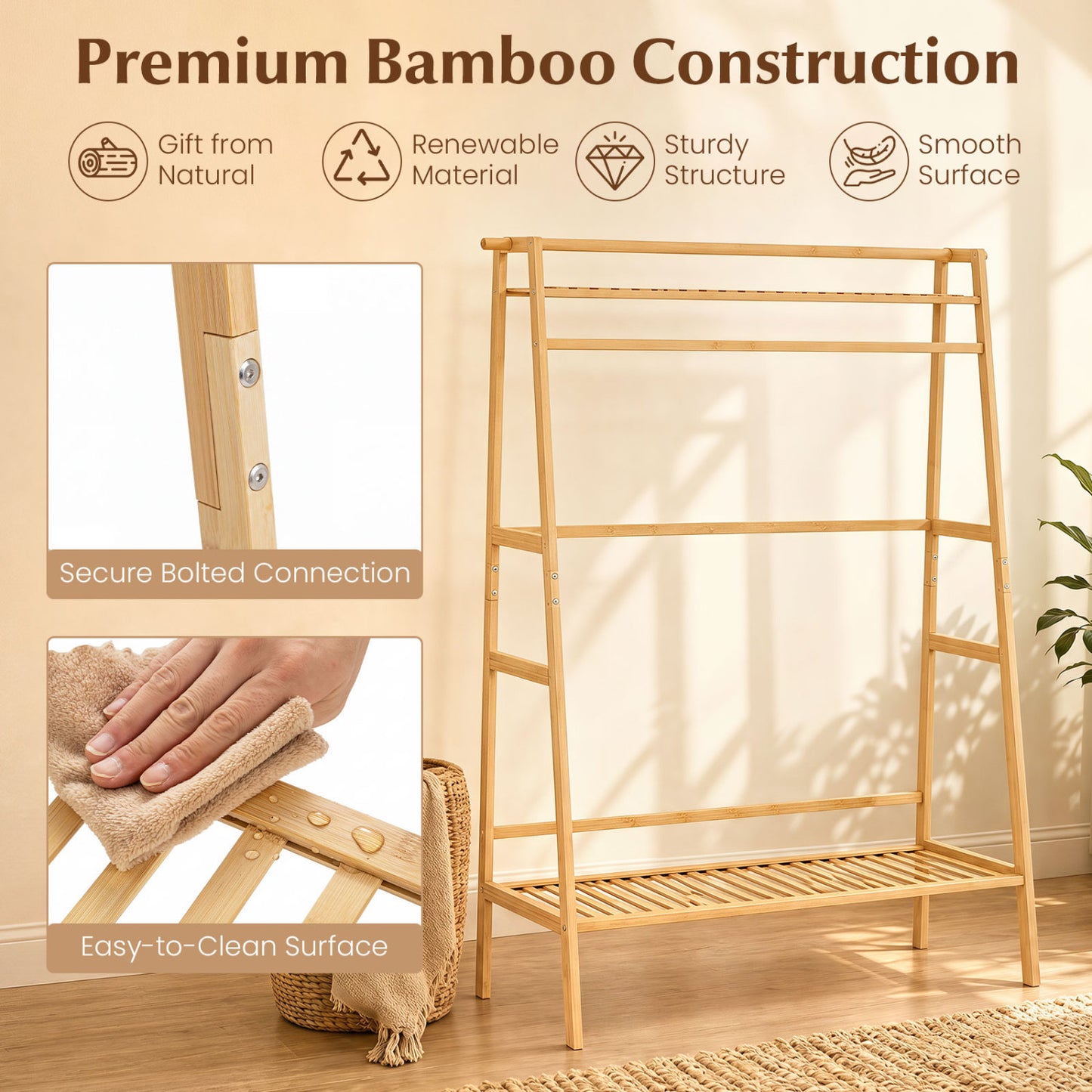 Bamboo Garment Rack, Freestanding Open Wardrobe with Hanging Rod, Natural