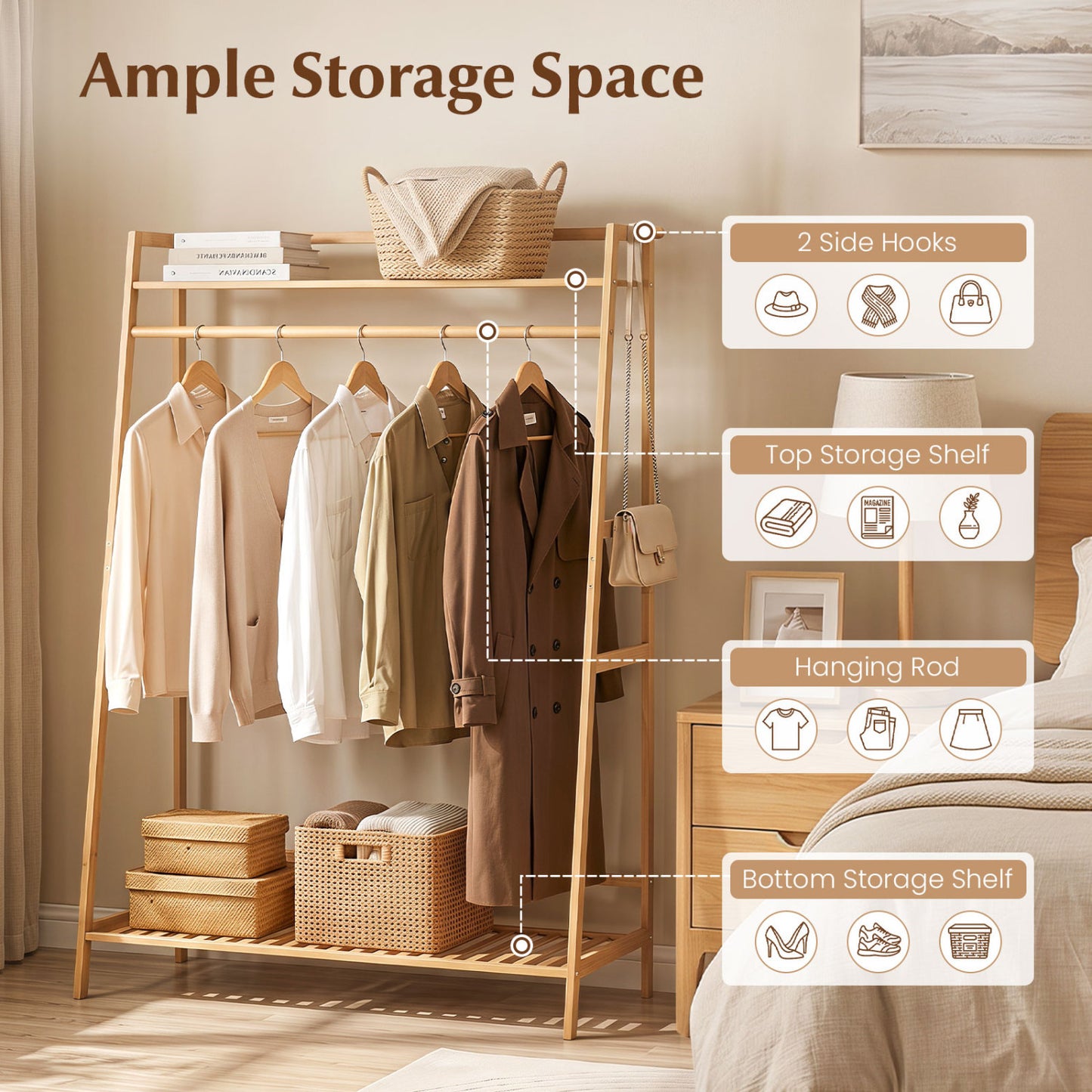 Bamboo Garment Rack, Freestanding Open Wardrobe with Hanging Rod, Natural