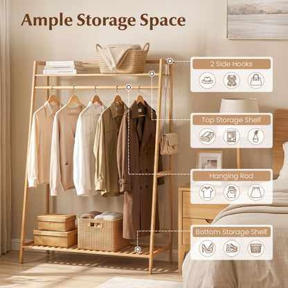 Bamboo Garment Rack, Freestanding Open Wardrobe with Hanging Rod, Natural