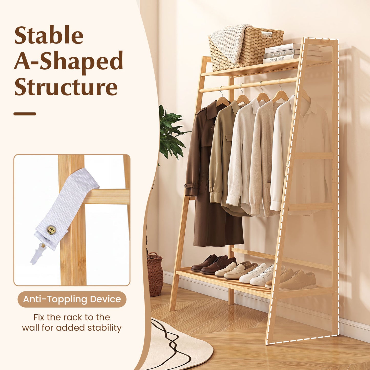 Bamboo Garment Rack, Freestanding Open Wardrobe with Hanging Rod, Natural