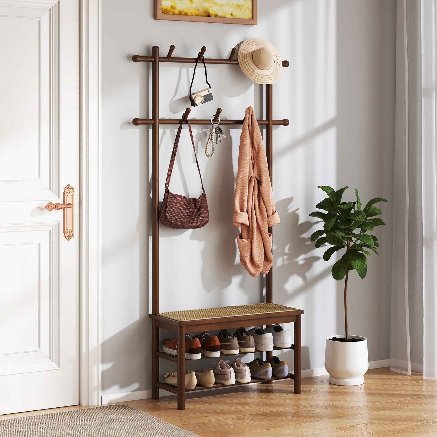 Bamboo Coat Rack With Bench, Shoe Storage, 3-In-1 Entryway, Brown Coat Racks & Hall Trees at Gallery Canada
