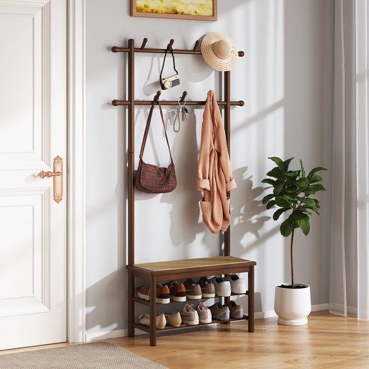 Bamboo Coat Rack PE Rattan Hall Tree with Bench and Shoe Storage 3-In-1 Entryway Bench, Brown Coat Racks & Hall Trees Brown at Gallery Canada