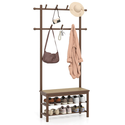 Bamboo Coat Rack PE Rattan Hall Tree with Bench and Shoe Storage 3-In-1 Entryway Bench, Brown Coat Racks & Hall Trees Brown at Gallery Canada