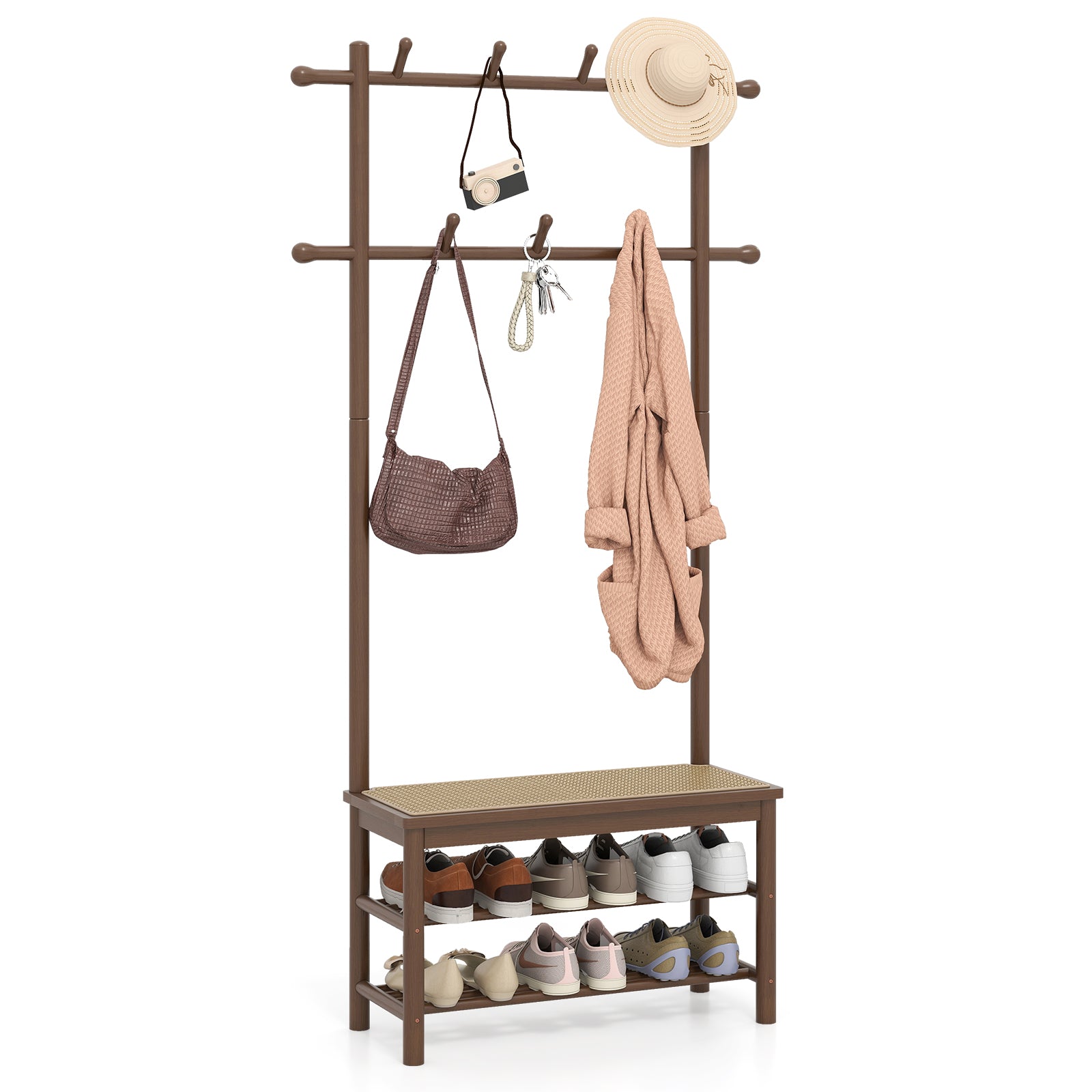 Bamboo Coat Rack With Bench, Shoe Storage, 3-In-1 Entryway, Brown Coat Racks & Hall Trees Brown at Gallery Canada