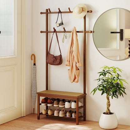 Bamboo Coat Rack With Bench, Shoe Storage, 3-In-1 Entryway, Brown Coat Racks & Hall Trees at Gallery Canada