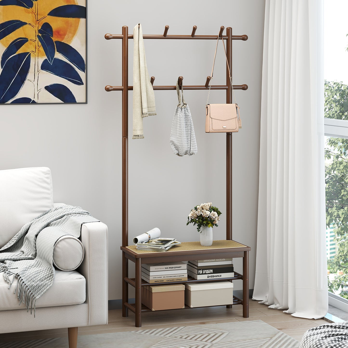 Bamboo Coat Rack With Bench, Shoe Storage, 3-In-1 Entryway, Brown Coat Racks & Hall Trees at Gallery Canada