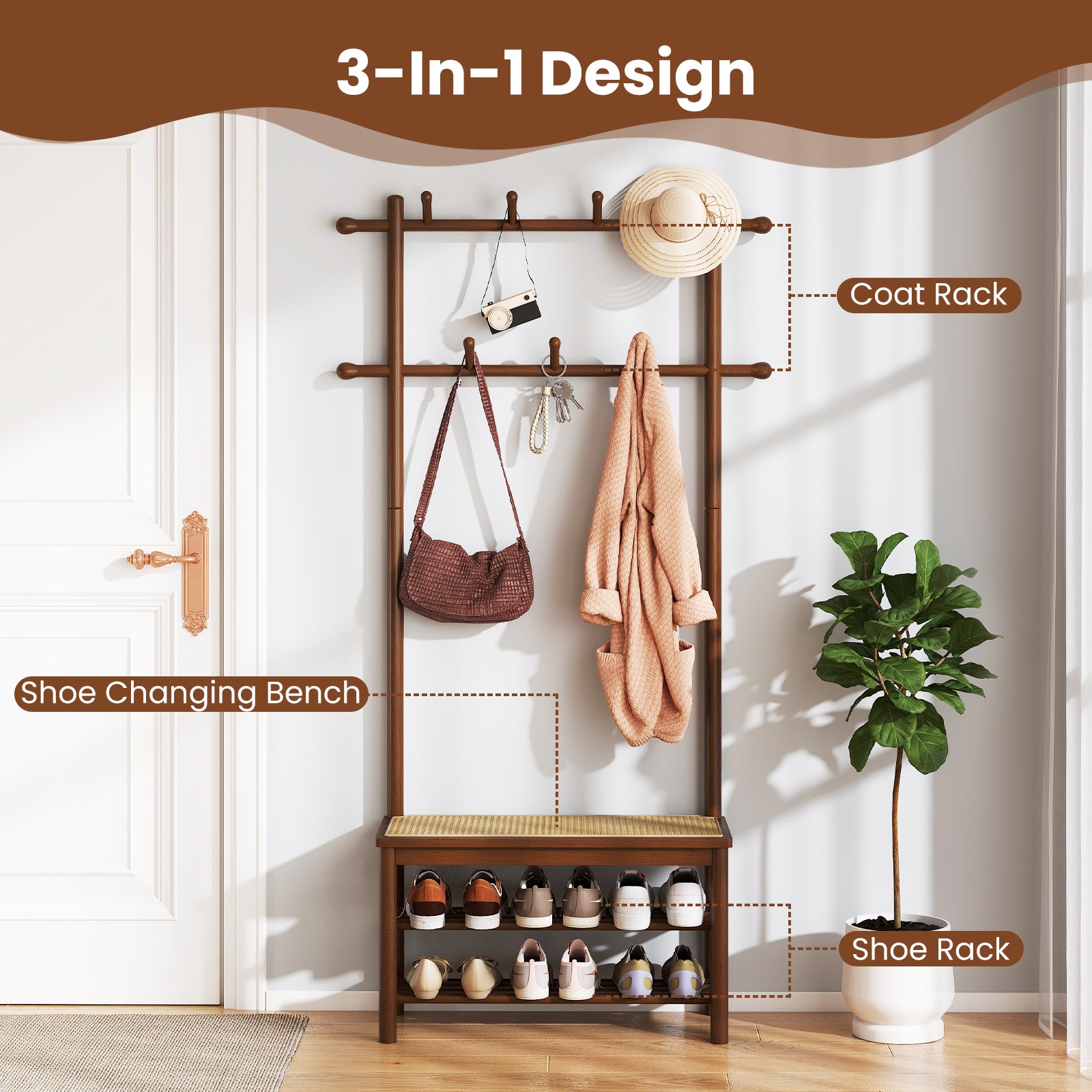 Bamboo Coat Rack With Bench, Shoe Storage, 3-In-1 Entryway, Brown Coat Racks & Hall Trees at Gallery Canada