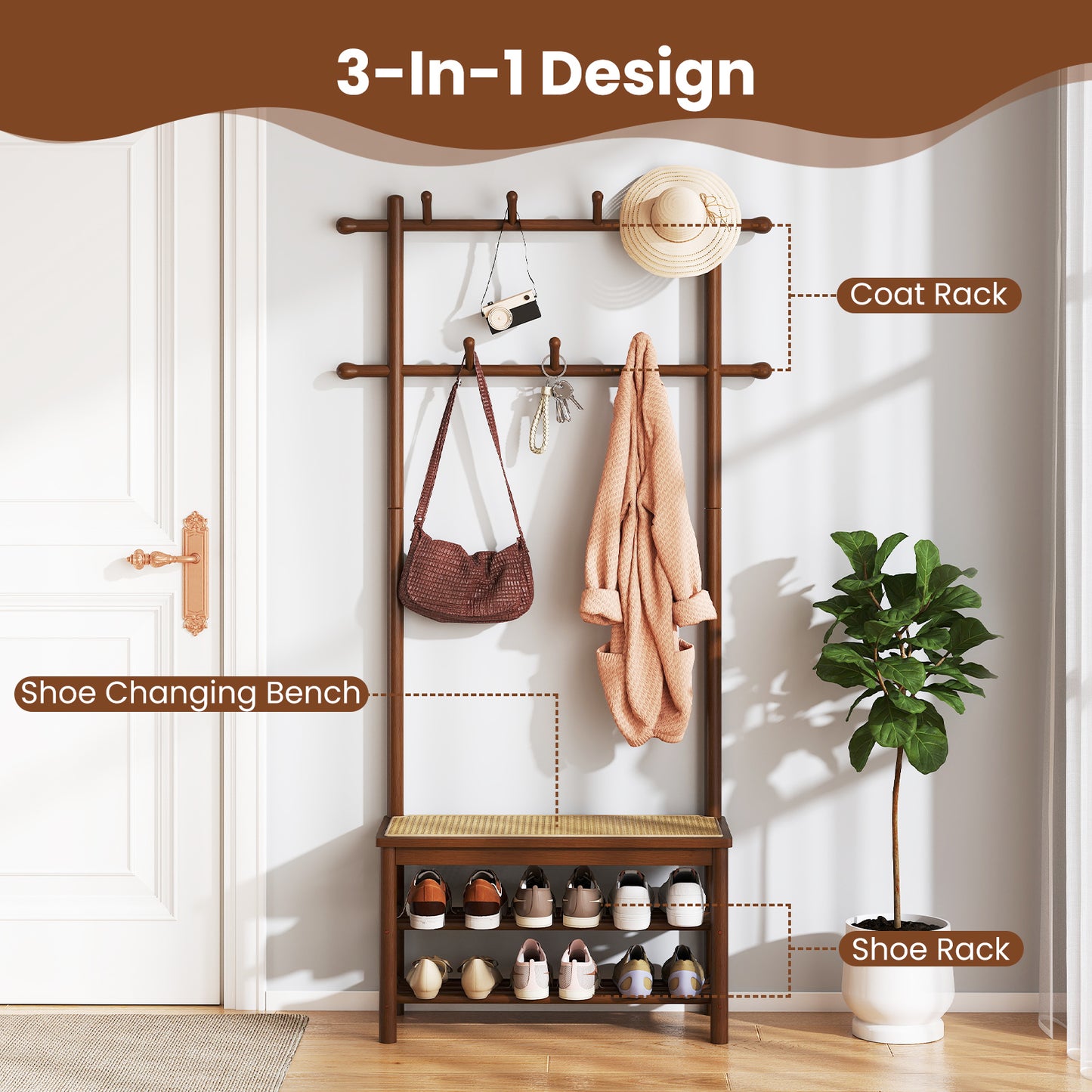 Bamboo Coat Rack With Bench, Shoe Storage, 3-In-1 Entryway, Brown Coat Racks & Hall Trees at Gallery Canada