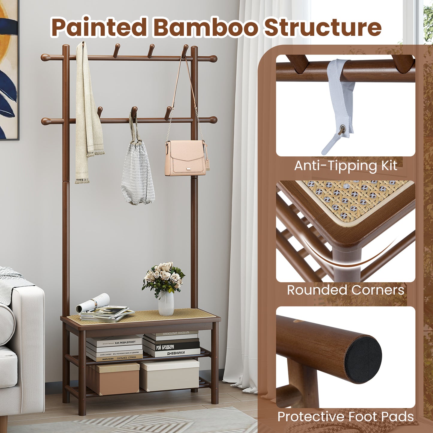Bamboo Coat Rack With Bench, Shoe Storage, 3-In-1 Entryway, Brown Coat Racks & Hall Trees at Gallery Canada