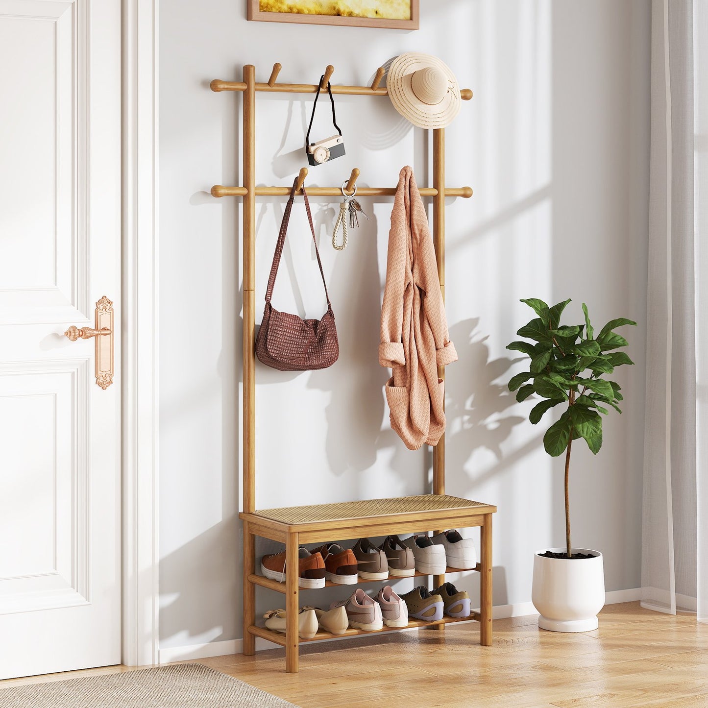 Bamboo Coat Rack PE Rattan Hall Tree with Bench and Shoe Storage 3-In-1 Entryway Bench, Natural Coat Racks & Hall Trees at Gallery Canada