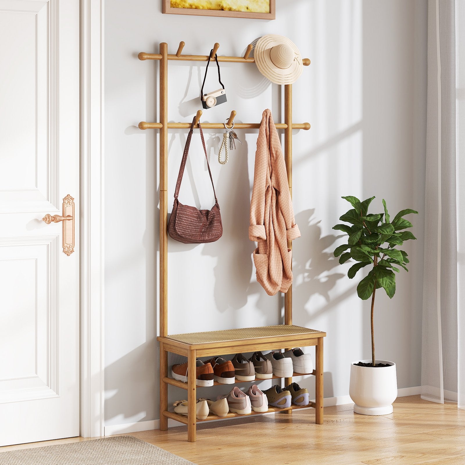 Bamboo Coat Rack PE Rattan Hall Tree with Bench and Shoe Storage 3-In-1 Entryway Bench, Natural Coat Racks & Hall Trees at Gallery Canada