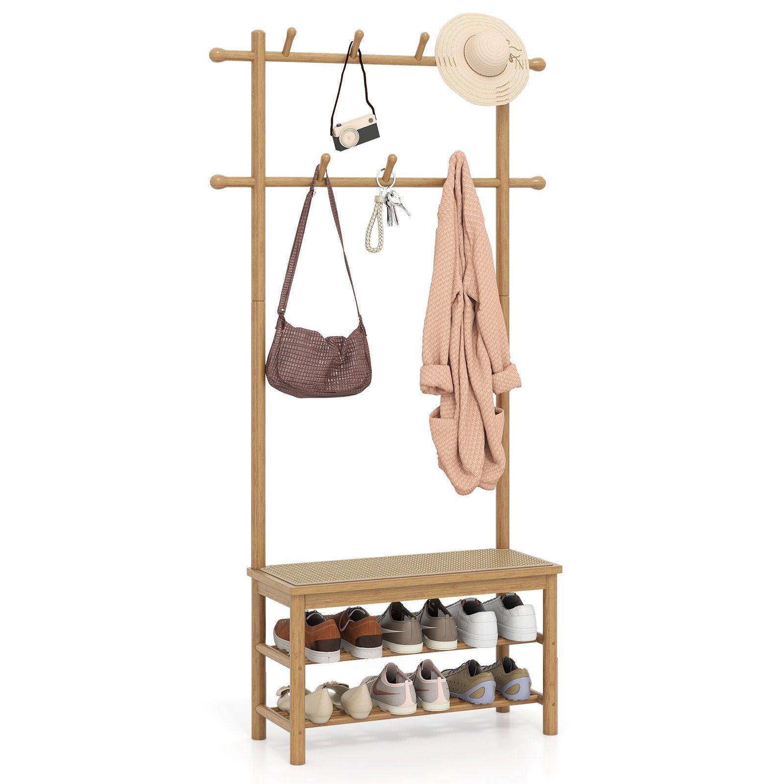 Bamboo Coat Rack PE Rattan Hall Tree with Bench and Shoe Storage 3-In-1 Entryway Bench, Natural Coat Racks & Hall Trees Natural at Gallery Canada