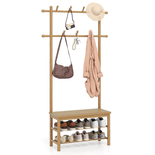 Bamboo Coat Rack PE Rattan Hall Tree with Bench and Shoe Storage 3-In-1 Entryway Bench, Natural Coat Racks & Hall Trees Natural at Gallery Canada