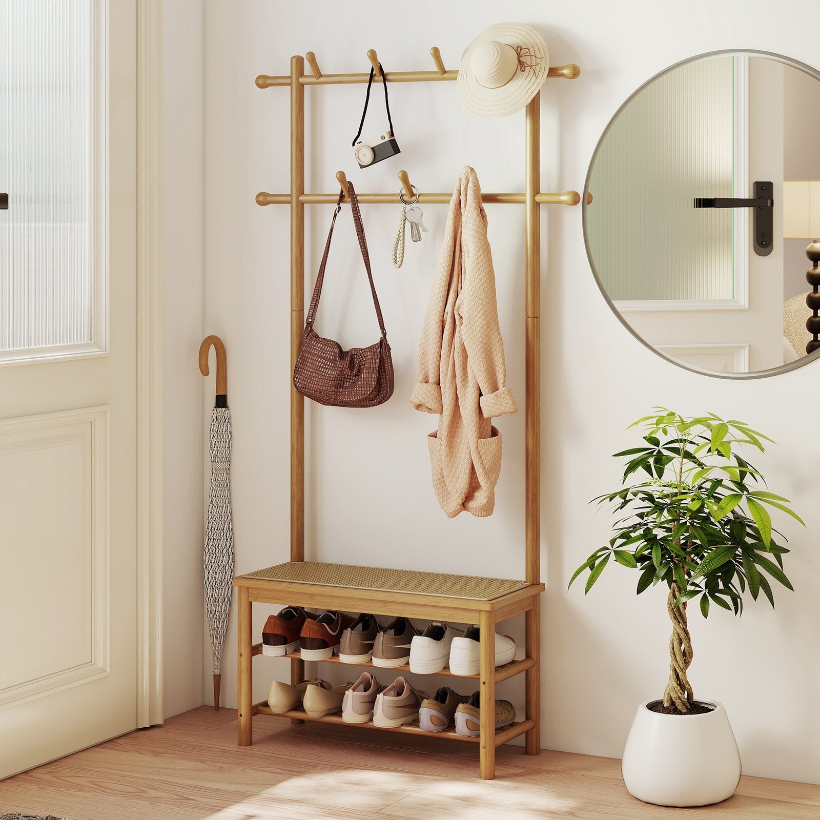 Bamboo Coat Rack PE Rattan Hall Tree with Bench and Shoe Storage 3-In-1 Entryway Bench, Natural Coat Racks & Hall Trees at Gallery Canada