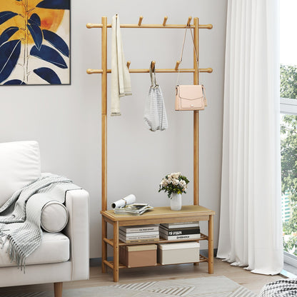 Bamboo Coat Rack PE Rattan Hall Tree with Bench and Shoe Storage 3-In-1 Entryway Bench, Natural Coat Racks & Hall Trees at Gallery Canada