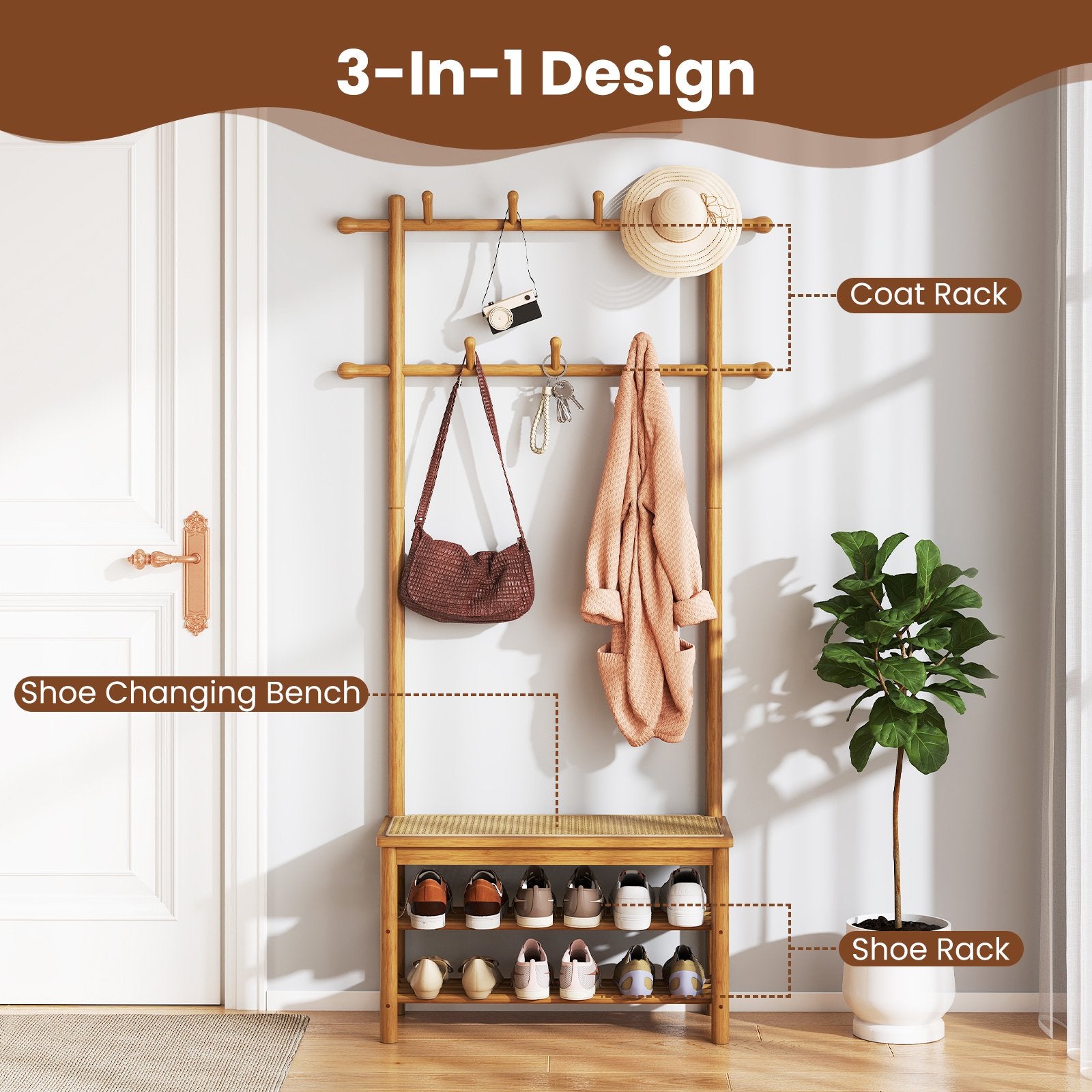 Bamboo Coat Rack PE Rattan Hall Tree with Bench and Shoe Storage 3-In-1 Entryway Bench, Natural Coat Racks & Hall Trees at Gallery Canada