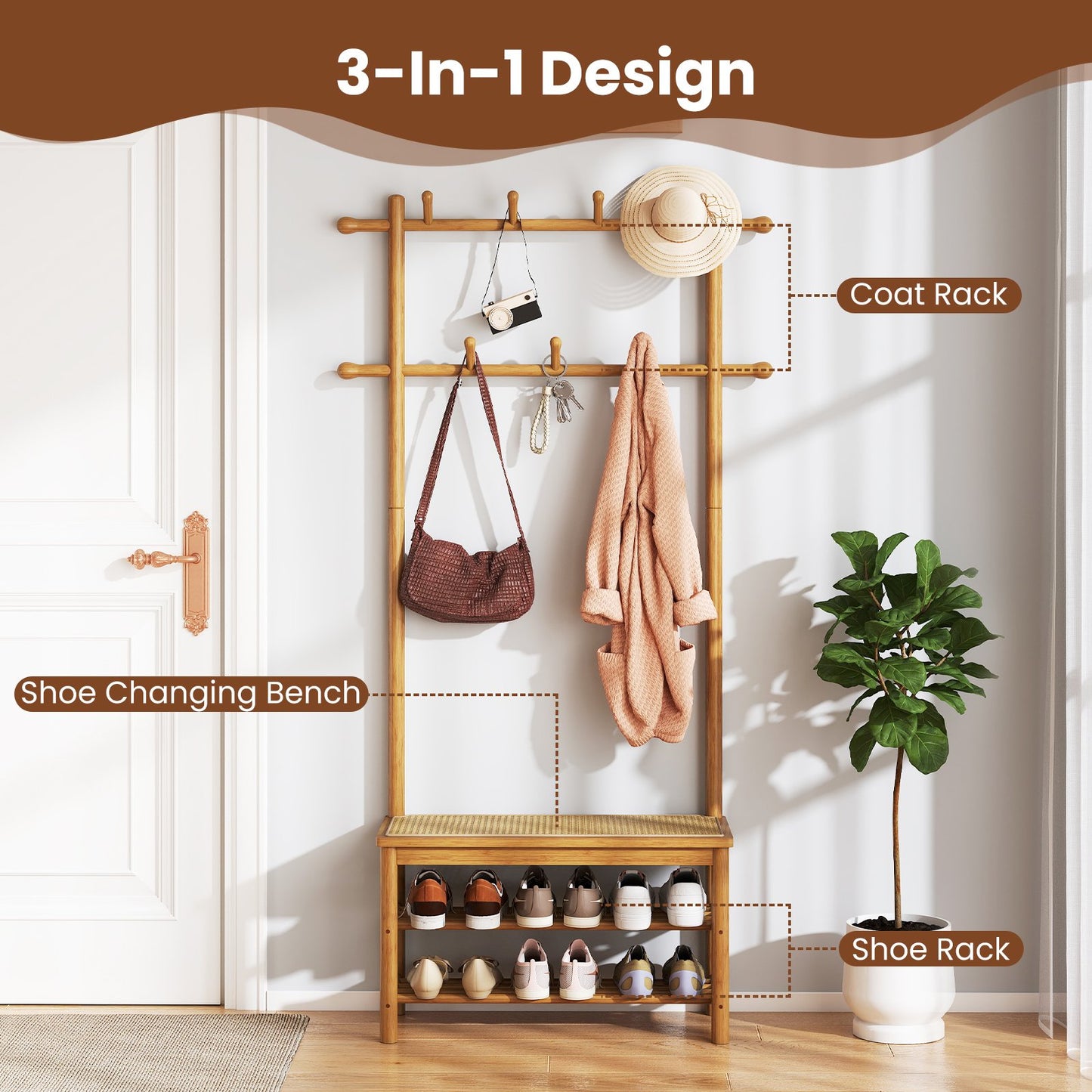 Bamboo Coat Rack PE Rattan Hall Tree with Bench and Shoe Storage 3-In-1 Entryway Bench, Natural Coat Racks & Hall Trees at Gallery Canada