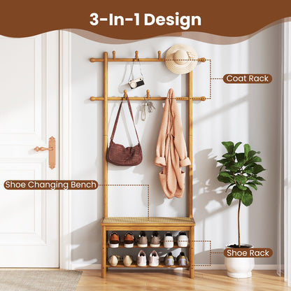 Bamboo Coat Rack PE Rattan Hall Tree with Bench and Shoe Storage 3-In-1 Entryway Bench, Natural Coat Racks & Hall Trees at Gallery Canada