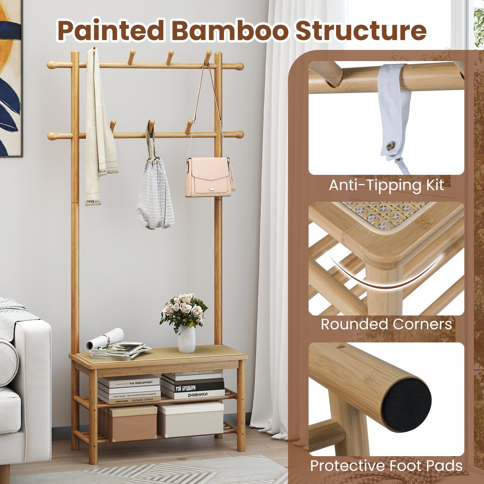 Bamboo Coat Rack PE Rattan Hall Tree with Bench and Shoe Storage 3-In-1 Entryway Bench, Natural Coat Racks & Hall Trees at Gallery Canada
