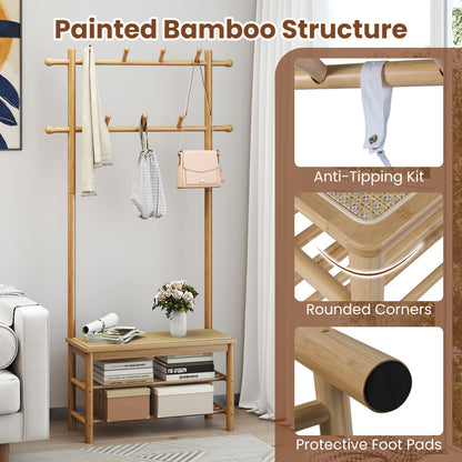 Bamboo Coat Rack PE Rattan Hall Tree with Bench and Shoe Storage 3-In-1 Entryway Bench, Natural Coat Racks & Hall Trees at Gallery Canada
