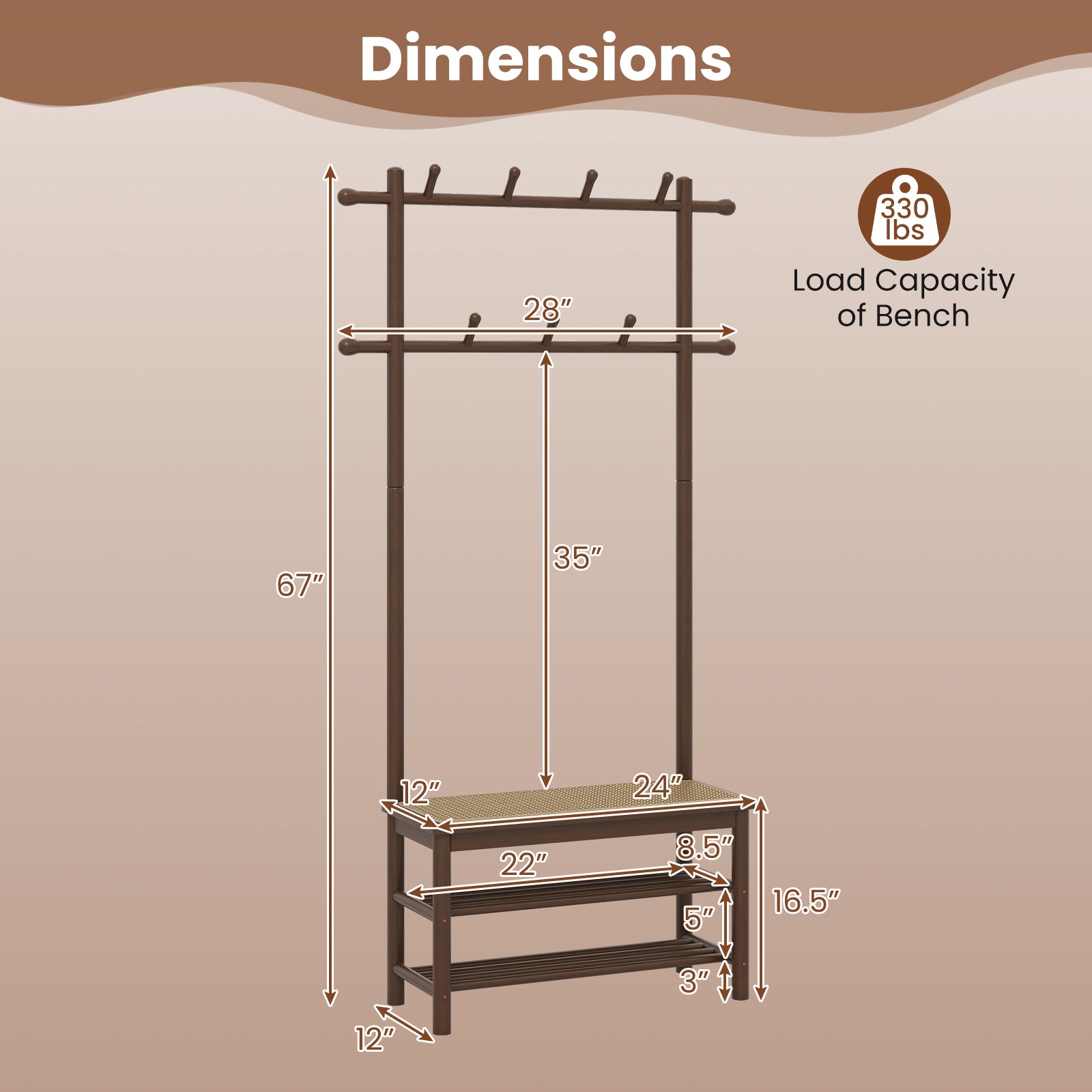 Bamboo Coat Rack With Bench, Shoe Storage, 3-In-1 Entryway, Brown Coat Racks & Hall Trees at Gallery Canada