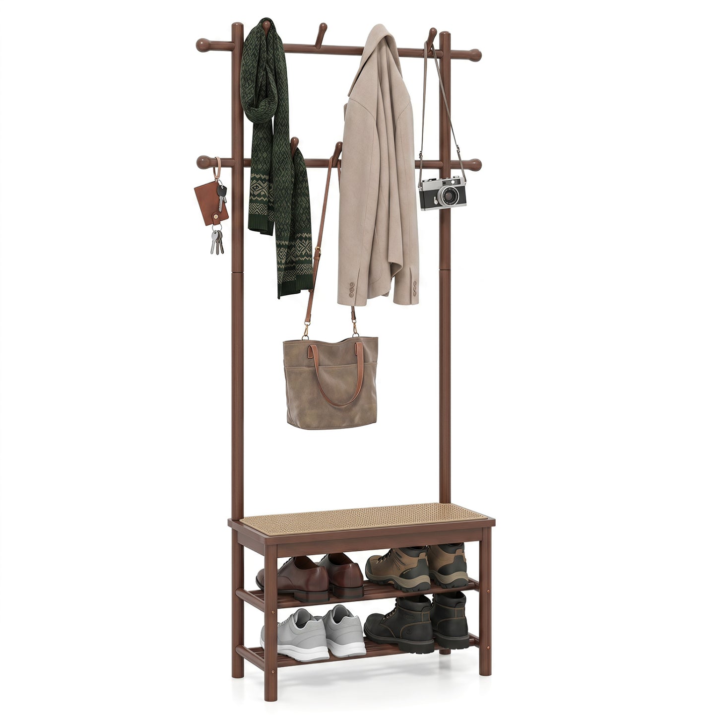 Bamboo Coat Rack With Bench, Shoe Storage, 3-In-1 Entryway, Brown Coat Racks & Hall Trees at Gallery Canada