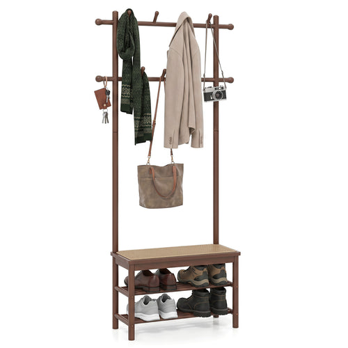 Bamboo Coat Rack With Bench, Shoe Storage, 3-In-1 Entryway, Brown