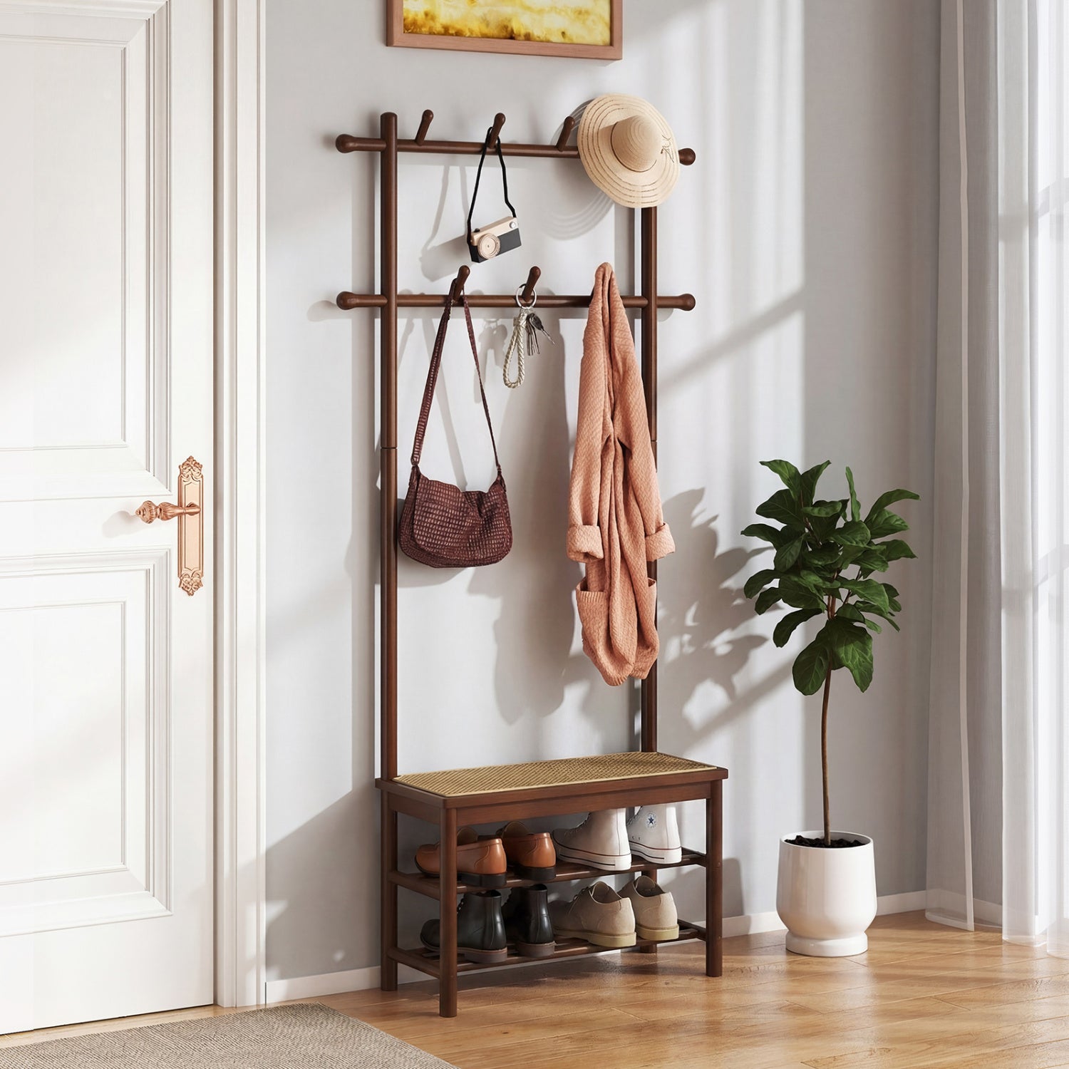 Bamboo Coat Rack With Bench, Shoe Storage, 3-In-1 Entryway, Brown Coat Racks & Hall Trees at Gallery Canada