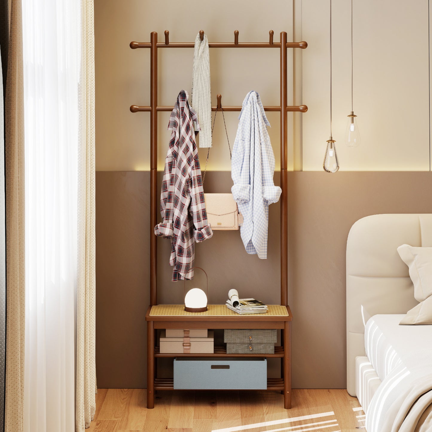 Bamboo Coat Rack With Bench, Shoe Storage, 3-In-1 Entryway, Brown Coat Racks & Hall Trees at Gallery Canada