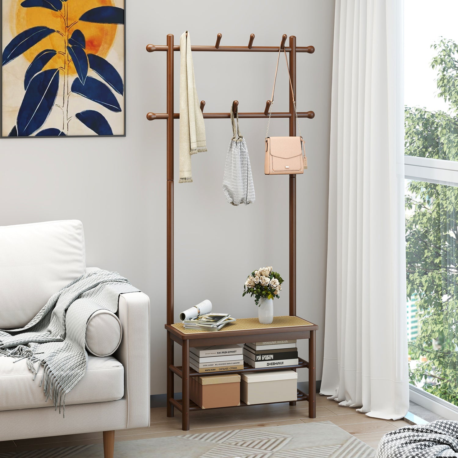 Bamboo Coat Rack With Bench, Shoe Storage, 3-In-1 Entryway, Brown Coat Racks & Hall Trees at Gallery Canada