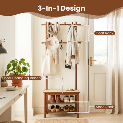 Bamboo Coat Rack With Bench, Shoe Storage, 3-In-1 Entryway, Brown Coat Racks & Hall Trees at Gallery Canada