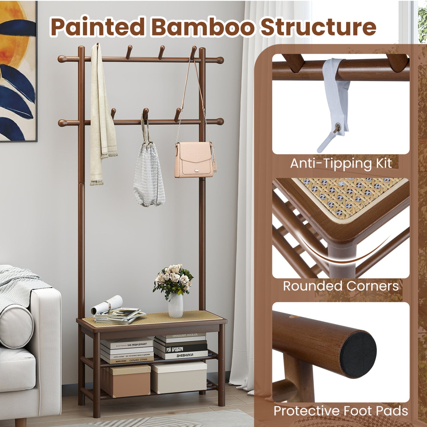 Bamboo Coat Rack With Bench, Shoe Storage, 3-In-1 Entryway, Brown Coat Racks & Hall Trees at Gallery Canada