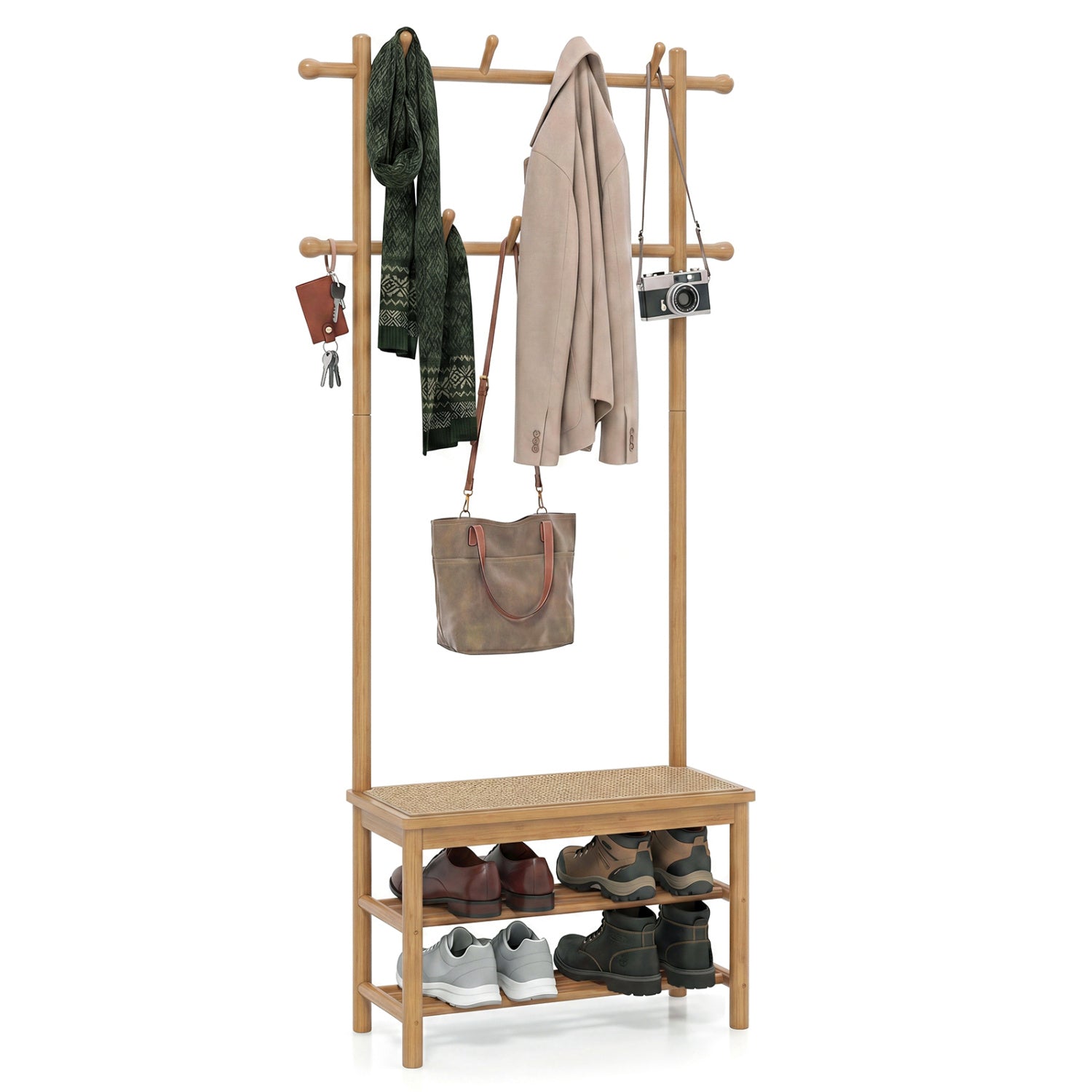 Bamboo Coat Rack With Bench, Shoe Storage, 3-In-1 Entryway, Natural Coat Racks & Hall Trees Natural at Gallery Canada