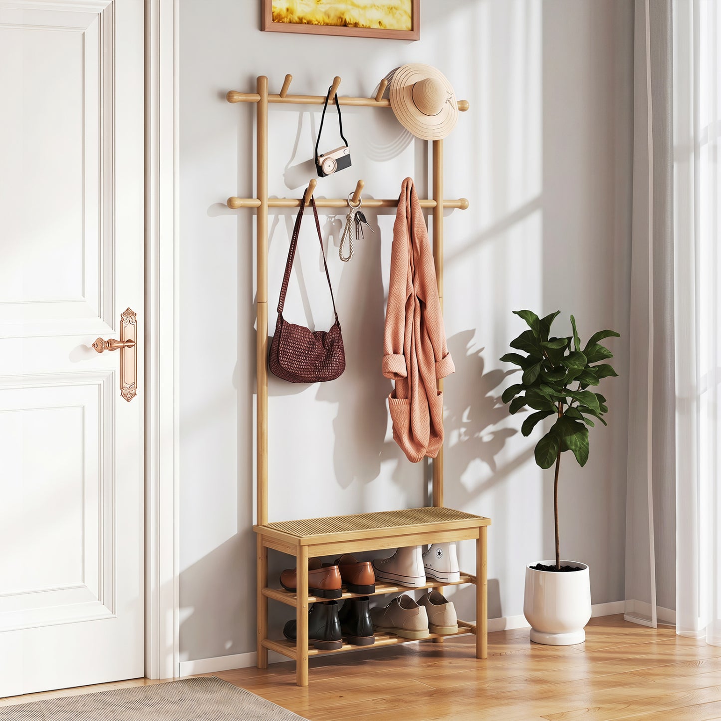 Bamboo Coat Rack With Bench, Shoe Storage, 3-In-1 Entryway, Natural Coat Racks & Hall Trees at Gallery Canada
