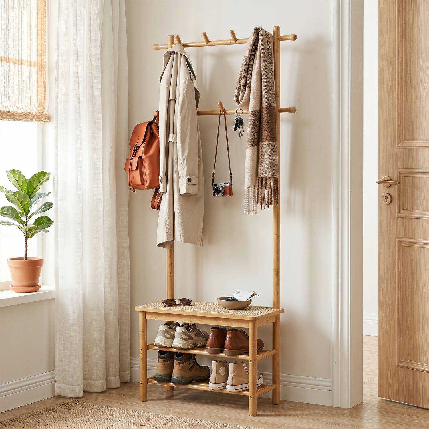 Bamboo Coat Rack With Bench, Shoe Storage, 3-In-1 Entryway, Natural Coat Racks & Hall Trees at Gallery Canada