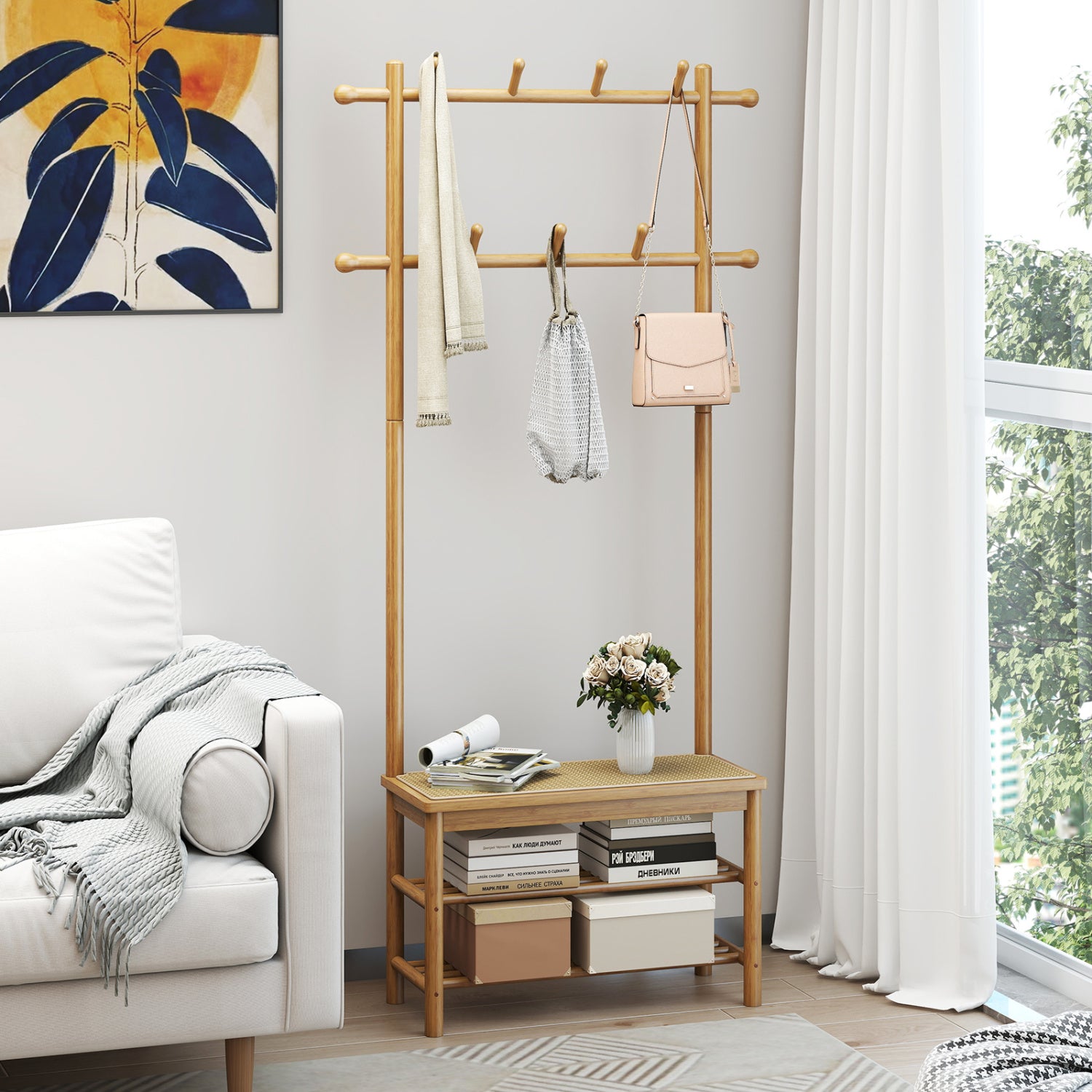 Bamboo Coat Rack With Bench, Shoe Storage, 3-In-1 Entryway, Natural Coat Racks & Hall Trees at Gallery Canada