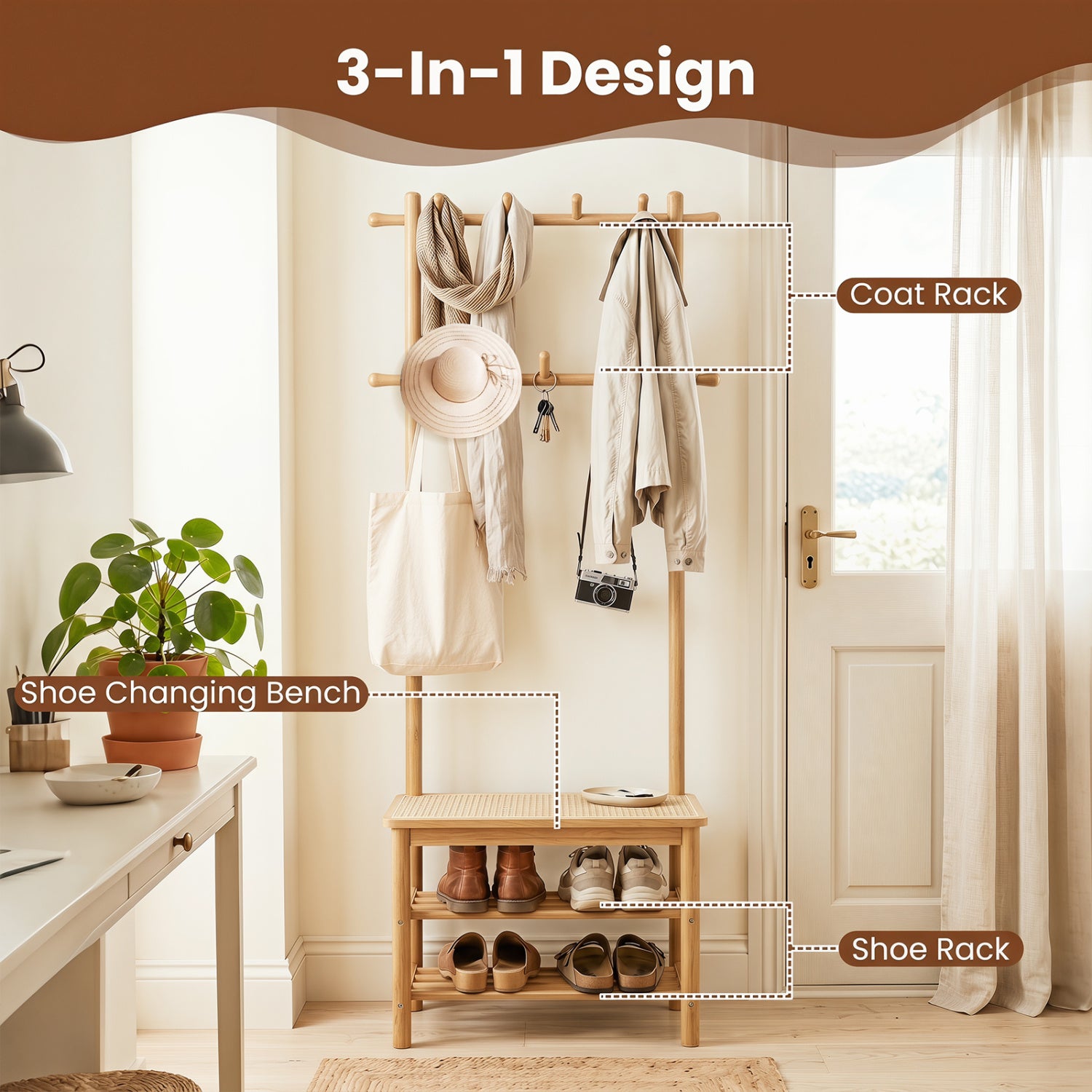 Bamboo Coat Rack With Bench, Shoe Storage, 3-In-1 Entryway, Natural Coat Racks & Hall Trees at Gallery Canada
