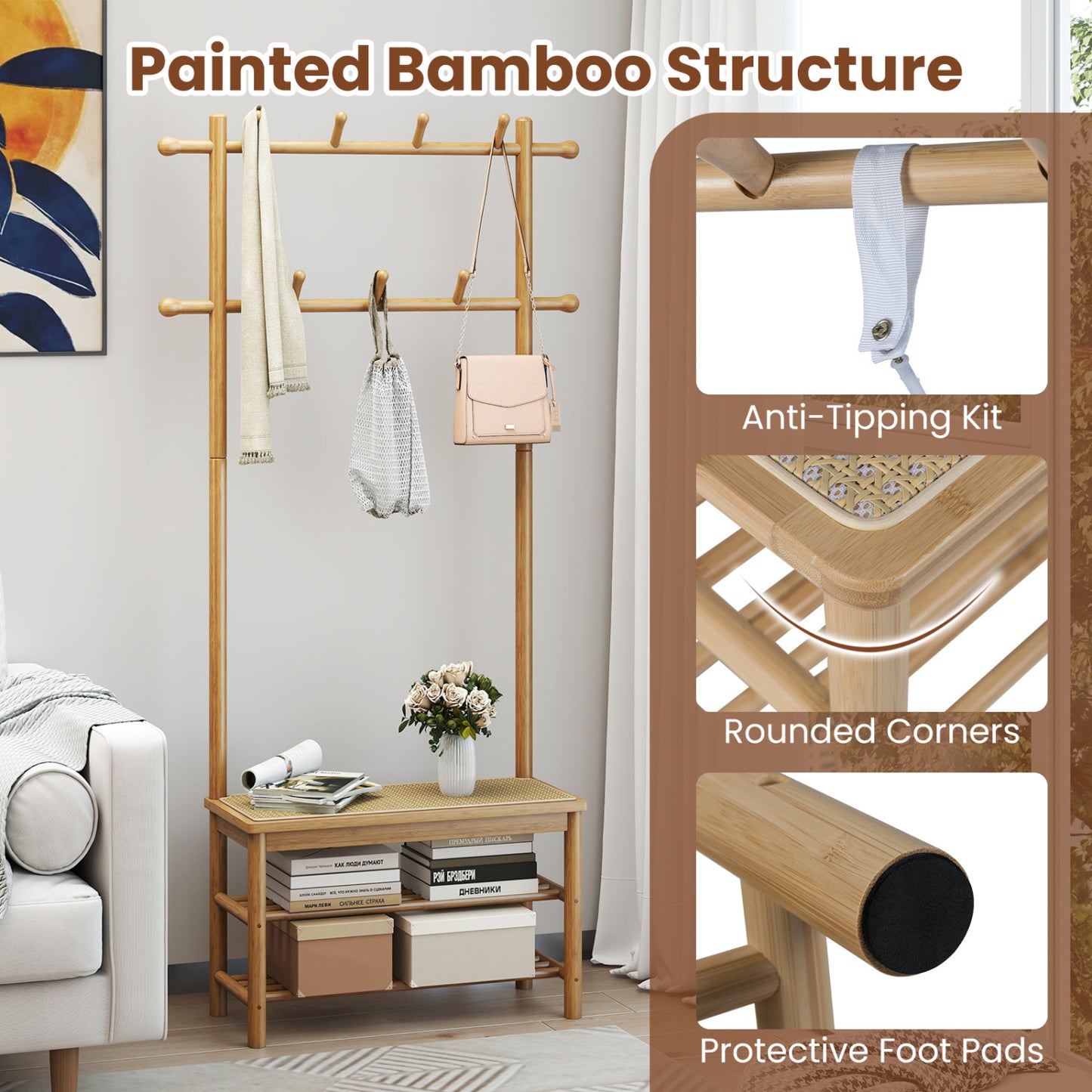Bamboo Coat Rack With Bench, Shoe Storage, 3-In-1 Entryway, Natural Coat Racks & Hall Trees at Gallery Canada