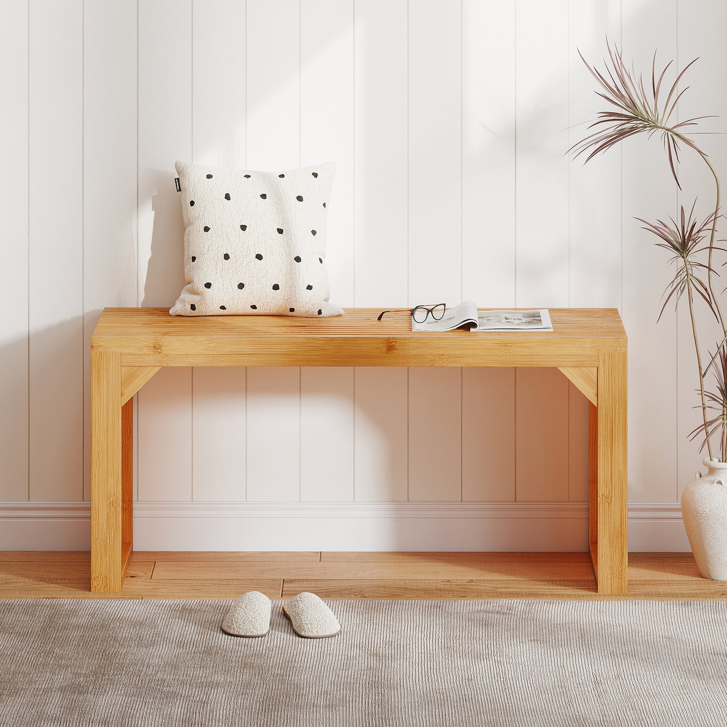 Bamboo Dining Bench Long Entryway Bench Indoor Outdoor Solid Wood Bench, Natural Outdoor Benches at Gallery Canada