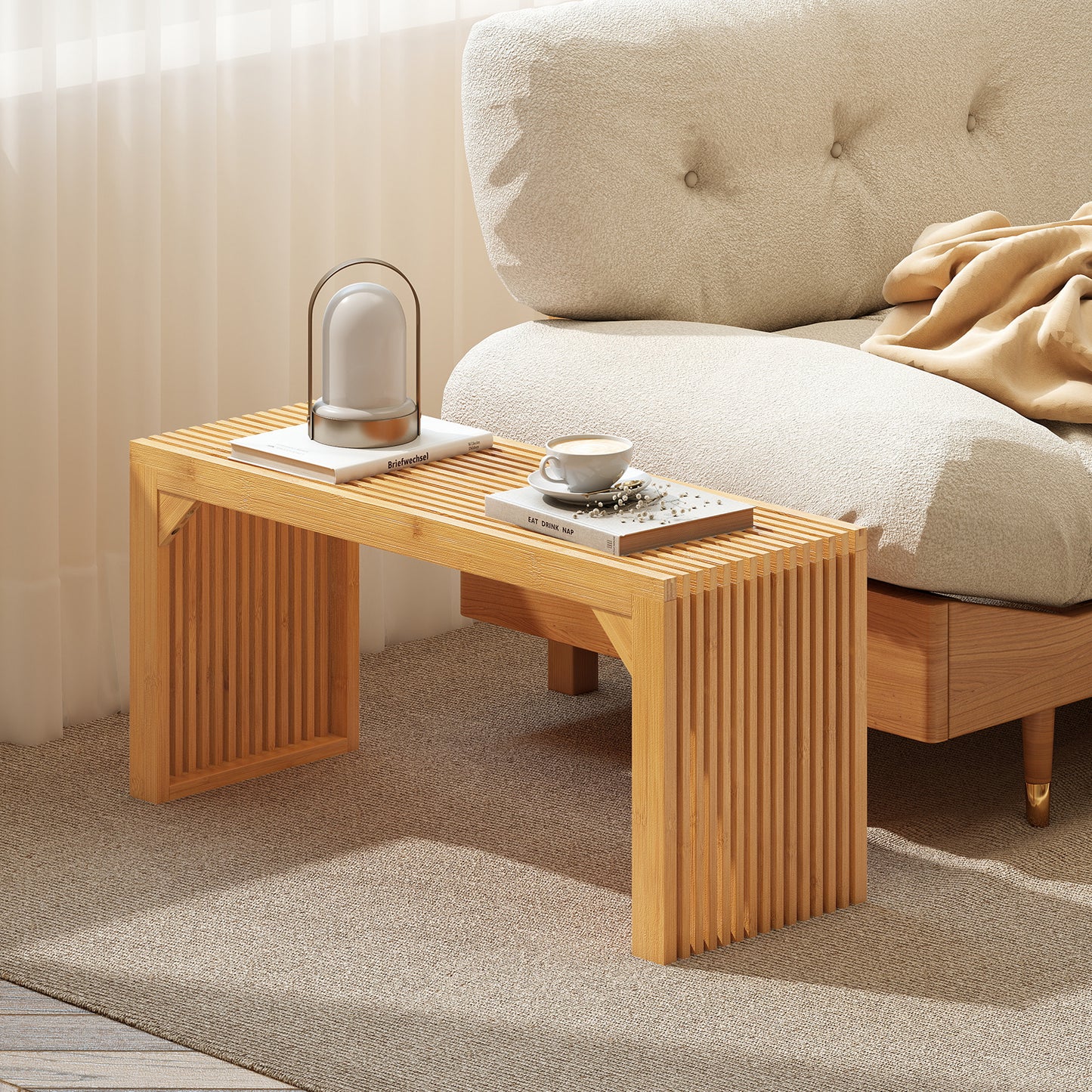 Bamboo Dining Bench Long Entryway Bench Indoor Outdoor Solid Wood Bench, Natural Outdoor Benches at Gallery Canada