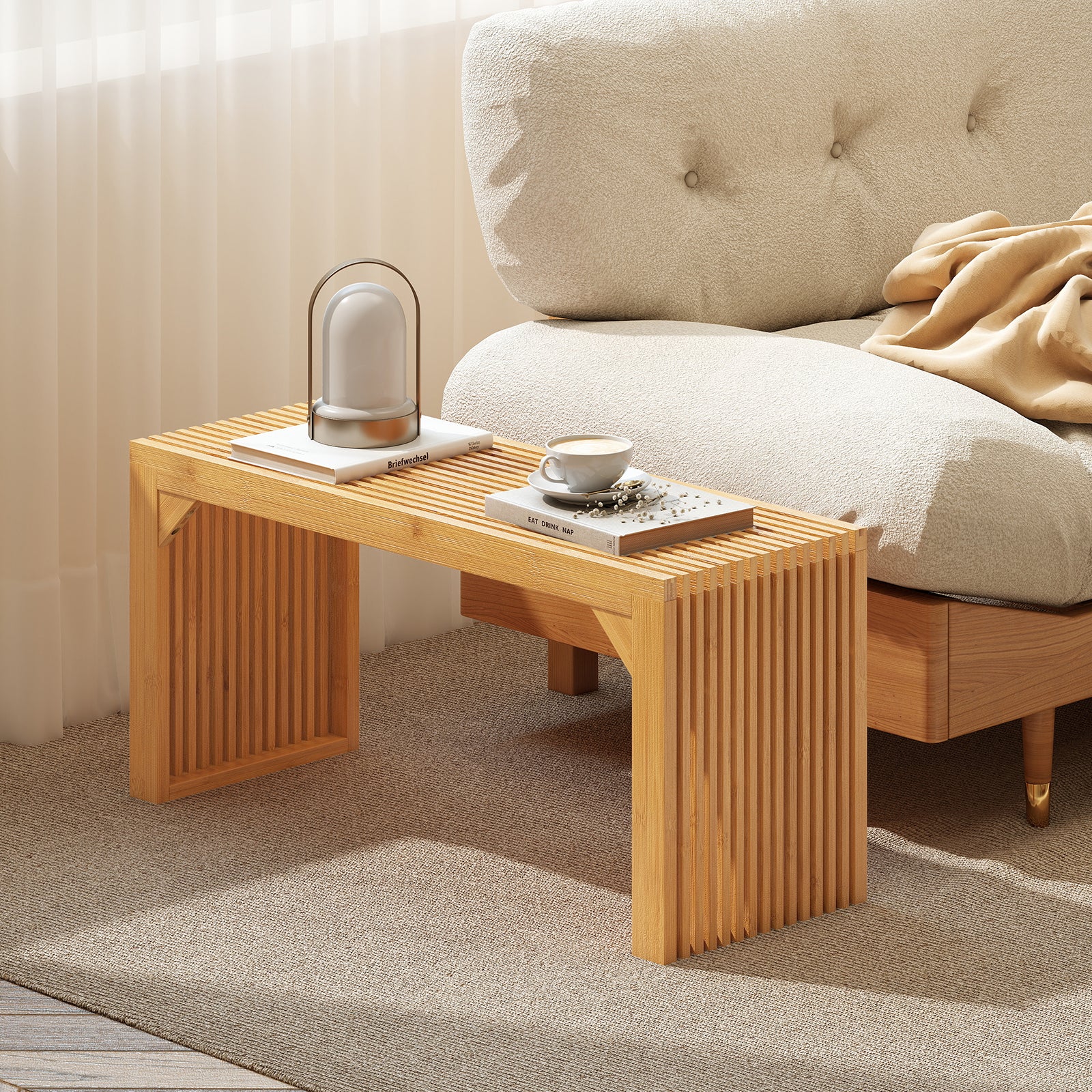 Bamboo Dining Bench Long Entryway Bench Indoor Outdoor Solid Wood Bench, Natural Outdoor Benches at Gallery Canada