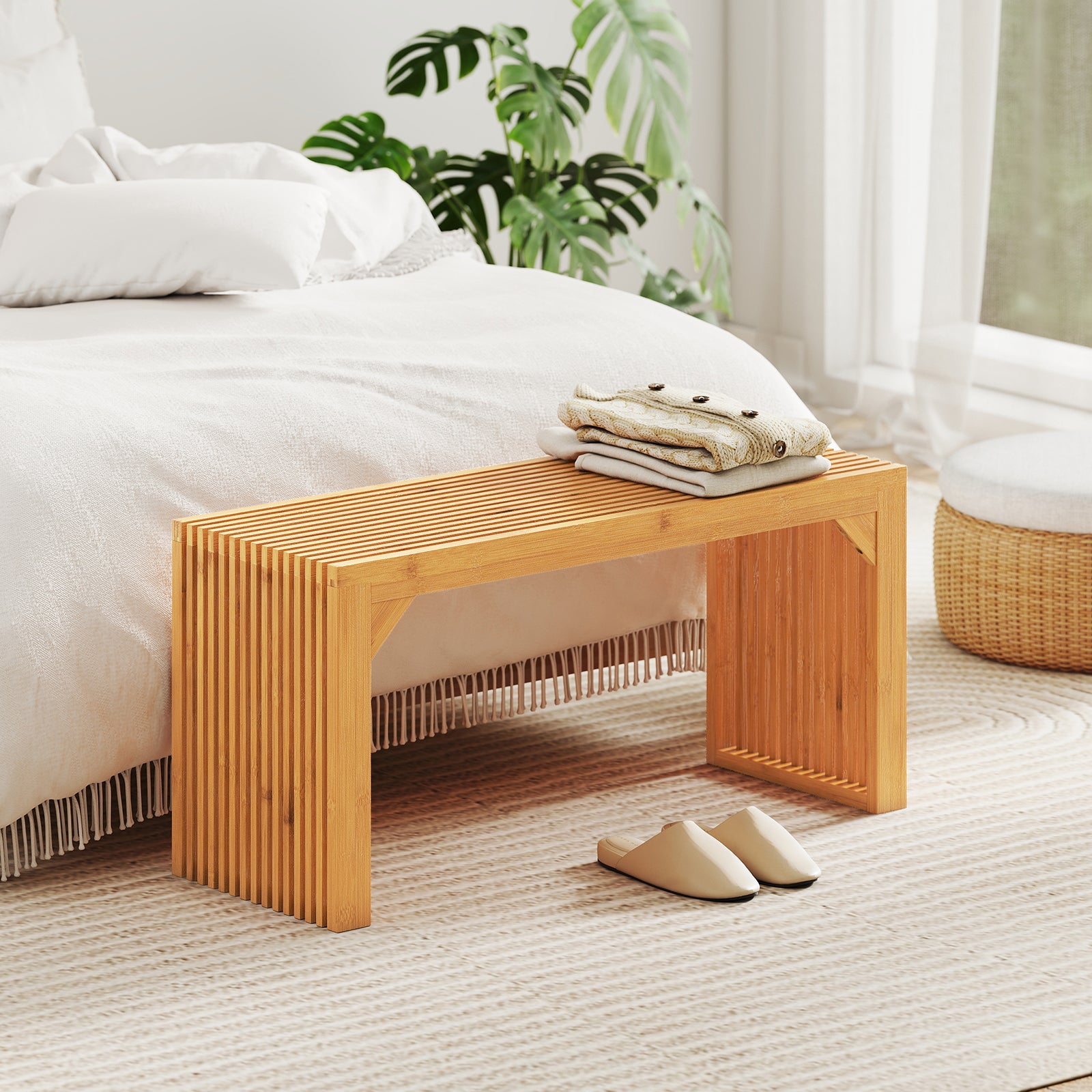 Bamboo Dining Bench Long Entryway Bench Indoor Outdoor Solid Wood Bench, Natural Outdoor Benches at Gallery Canada