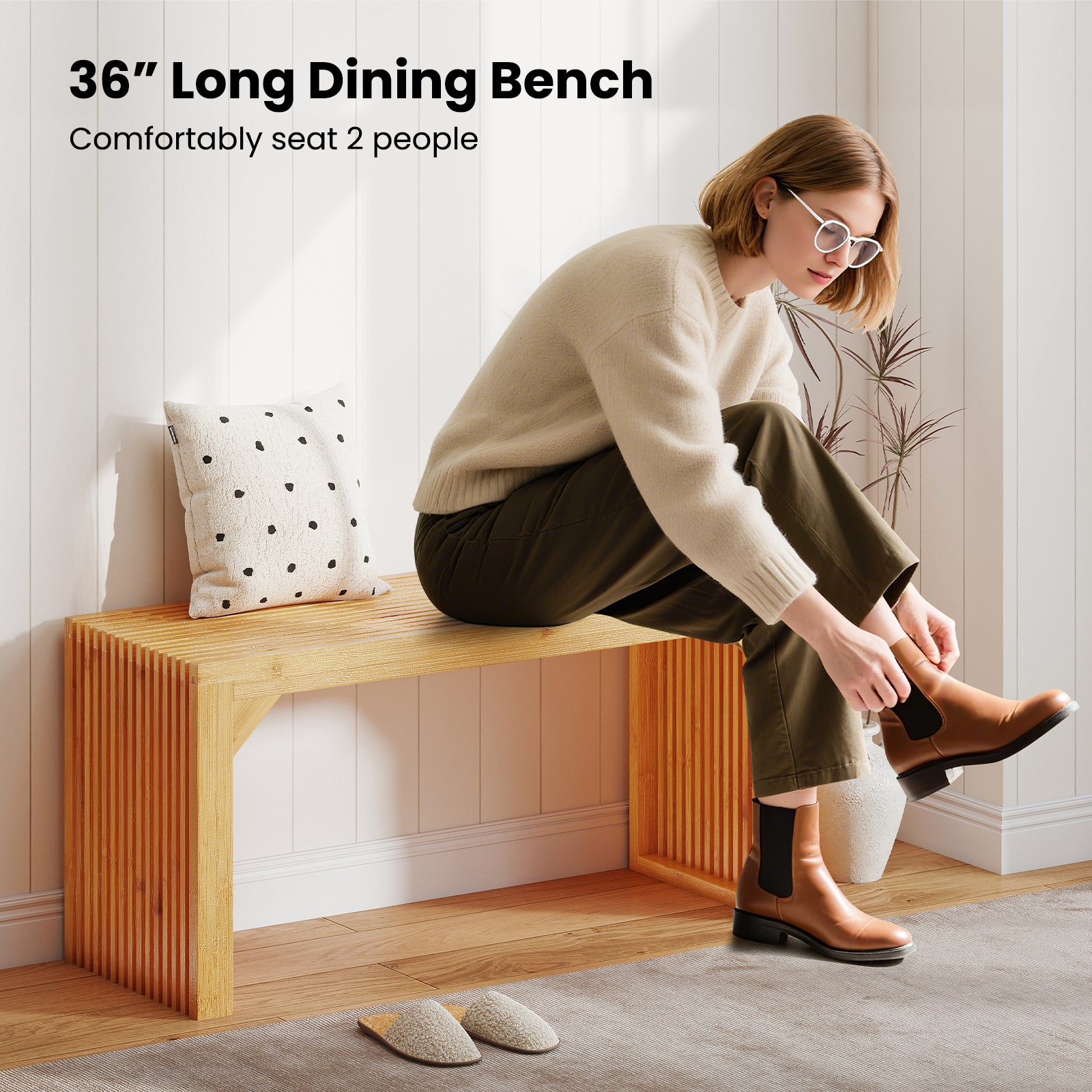 Bamboo Dining Bench Long Entryway Bench Indoor Outdoor Solid Wood Bench, Natural Outdoor Benches at Gallery Canada