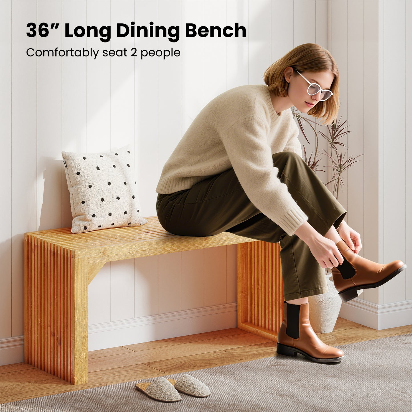 Bamboo Dining Bench Long Entryway Bench Indoor Outdoor Solid Wood Bench, Natural Outdoor Benches at Gallery Canada