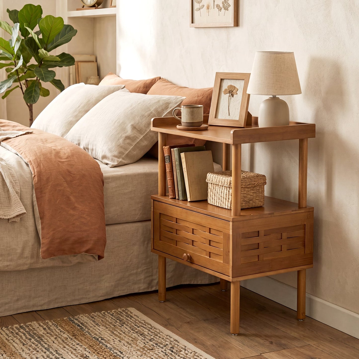 Bamboo Rattan Nightstand, with Flip-Up Door & Shelf, Walnut